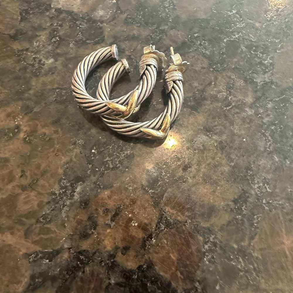 David Yurman Silver and Gold Twisted Hoop Earrings